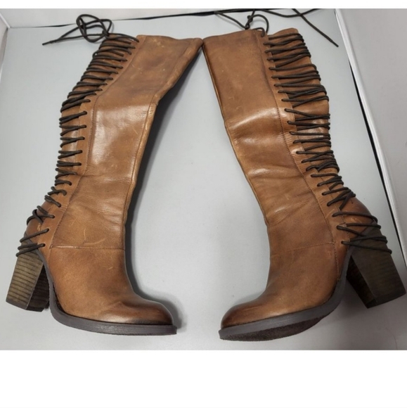 Steve Madden Rikter Cognac Brown Knee High Leather Boots, 7, Lace up - Picture 4 of 11